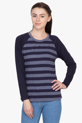 

Hypernation Striped Women's Round Neck Blue T-Shirt, Grey;navy blue