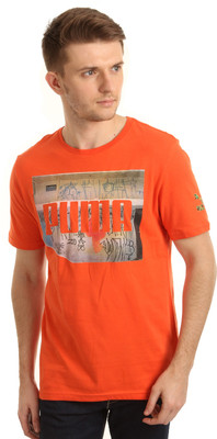 

Puma Graphic Print Men' Round Neck Orange T-Shirt, Tigerlily