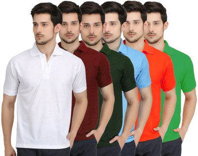 

Lime Solid Men' Polo Neck White, Maroon, Light Blue, Dark Green, Red, Green T-Shirt(Pack of 6