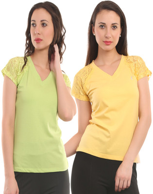 

Ultra Fit Solid Women's V-neck Yellow, Green T-Shirt(Pack of 2), Pgreen;yellow