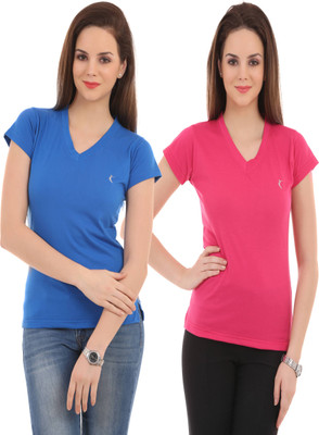 

Ultra Fit Solid Women's V-neck Pink, Blue T-Shirt(Pack of 2), Blue;magenta