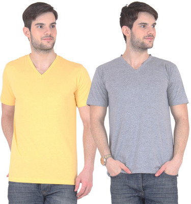 

FnMe Solid Men's V-neck Multicolor T-Shirt(Pack of 2, Grey;yellow
