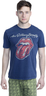 

Rolling Stone Printed Men's Round Neck Blue T-Shirt, Navy acid washed