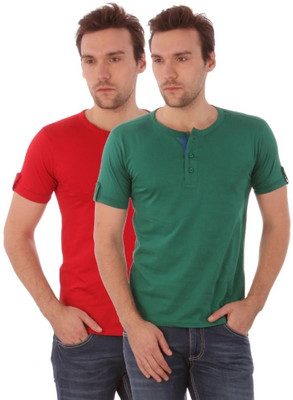 

Campus Sutra Solid Men Henley Red, Green T-Shirt(Pack of 2, Green;red