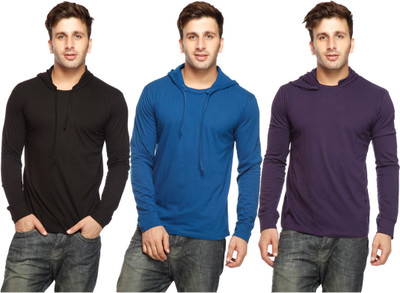 

Gritstones Solid Men' Hooded Multicolor T-Shirt(Pack of 3, Black;indigo;navy