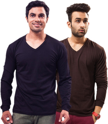 

Unisopent Designs Solid Men's V-neck Dark Blue, Brown T-Shirt(Pack of 2, Navy