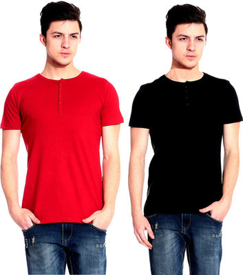 

Lemon & Vodka Solid Men's Henley Red, Black T-Shirt(Pack of 2)