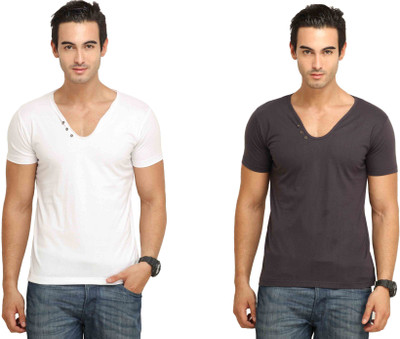 

Fio Solid Men's V-neck White, Grey T-Shirt(Pack of 2, Grey;white