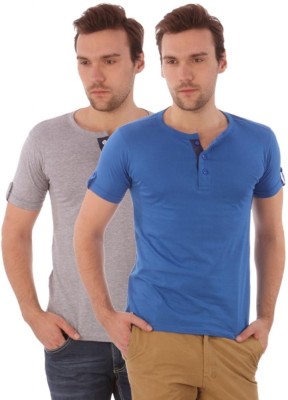 

Campus Sutra Solid Men Henley Grey, Blue T-Shirt(Pack of 2, Grey;royal blue