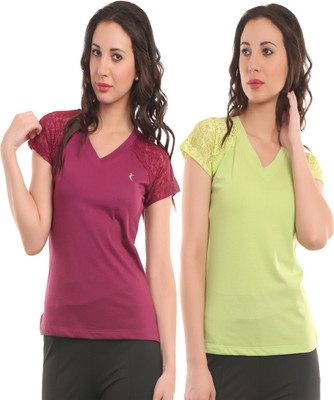 

Ultra Fit Solid Women's V-neck Maroon, Green T-Shirt(Pack of 2), Pgreen;wine