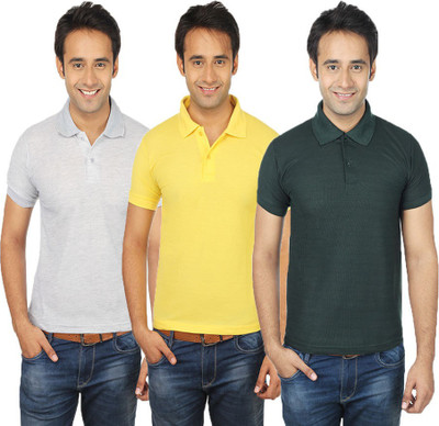 

Quetzal Solid Men's Polo Neck Multicolor T-Shirt(Pack of 3, Green;grey;yl