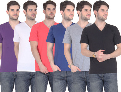 

FnMe Solid Men' V-neck Multicolor T-Shirt(Pack of 6, Black;blue;carrot;grey;purple;white