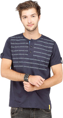 

Campus Sutra Printed Men Henley Blue T-Shirt