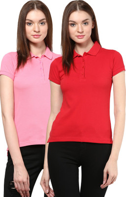 

Trend18 Solid Women's Polo Neck Red, Pink T-Shirt(Pack of 2), Pink;red