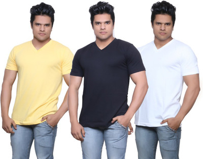 

IndiWeaves Solid Men' V-neck Yellow, Black, White T-Shirt(Pack of 3, Black;white;yellow