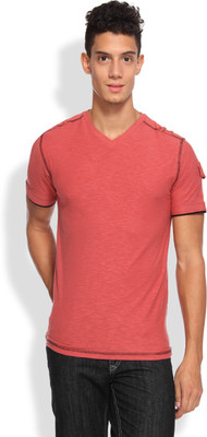 

Arise Self Design Men's V-neck Red T-Shirt, Faded red