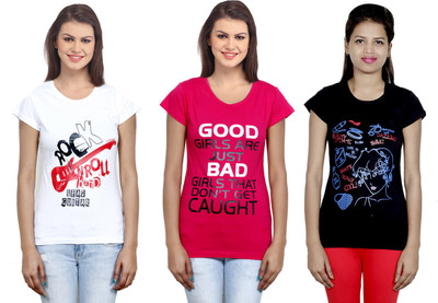 Indistar Printed Women Round Neck White, Pink, Black T-Shirt