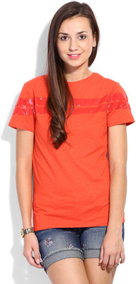 

Only Solid Women's Round Neck Orange T-Shirt, Poinciana