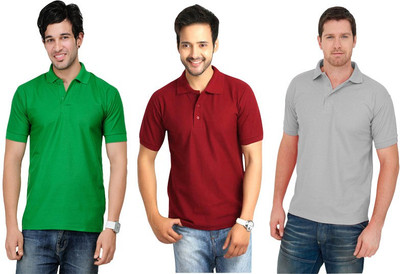 Keepsake Solid Men's Polo Neck Multicolor T-Shirt(Pack of 3, E grey