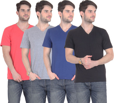 

E'Hiose Solid Men' V-neck Multicolor T-Shirt(Pack of 4, Black;blue;carrot;grey