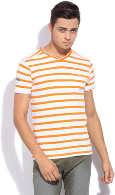 

Mufti Striped Men's V-neck White, Orange T-Shirt