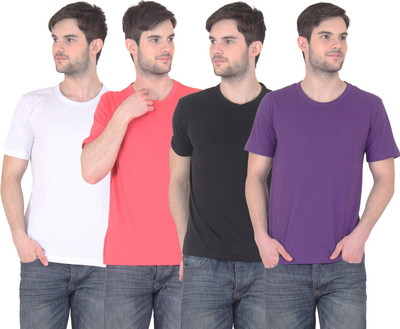 

FnMe Solid Men's Round Neck Multicolor T-Shirt(Pack of 4, Black;gajri;purple;white