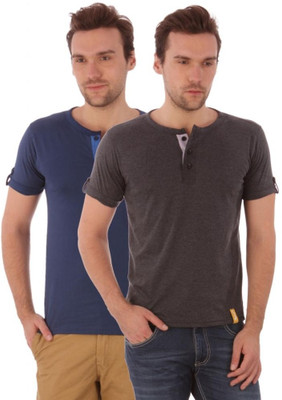 

Campus Sutra Solid Men Henley Blue, Grey T-Shirt(Pack of 2), Blue;charcoal