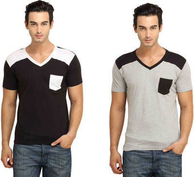 

Fio Solid Men's V-neck Black, Grey T-Shirt(Pack of 2