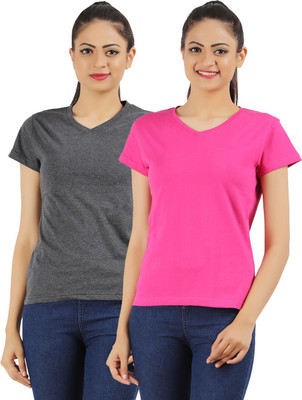 Ap'pulse Solid Women V Neck Pink, Grey T-Shirt
