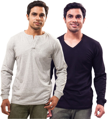 

Unisopent Designs Solid Men's Henley Grey, Dark Blue T-Shirt(Pack of 2