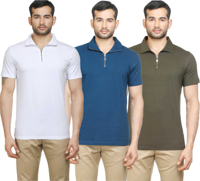

Poshuis Solid Men' Polo Neck White, Blue, Dark Green T-Shirt(Pack of 3, Military green;petrol blue;white