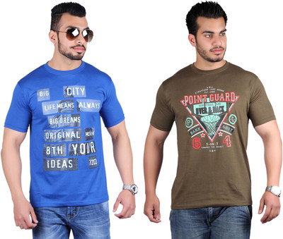 

Shineway Printed Men's Round Neck Multicolor T-Shirt(Pack of 2, Blue;coffee