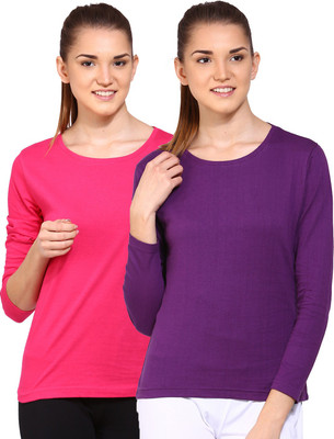 

Ap'pulse Solid Women's Round Neck Pink, Purple T-Shirt(Pack of 2), _dpnk_lilc