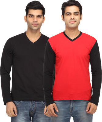 Leana Solid Men's V-neck Black, Red T-Shirt(Pack of 2
