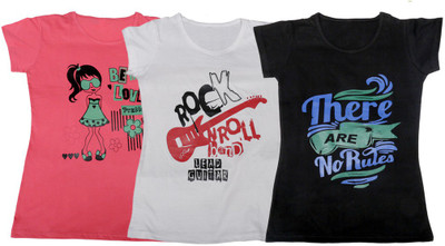 

IndiWeaves Girls Printed T Shirt(Multicolor, Pink & white & black