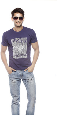 Gritstones Printed Men's Round Neck Purple T-Shirt, Navy
