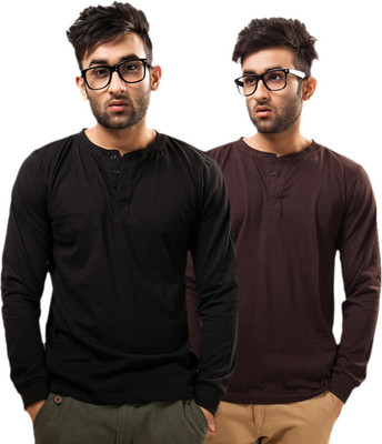 

Unisopent Designs Solid Men's Henley Black, Brown T-Shirt(Pack of 2