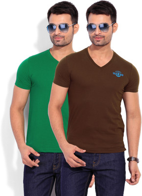 

Duke Solid Men's V-neck Brown, Green T-Shirt(Pack of 2)