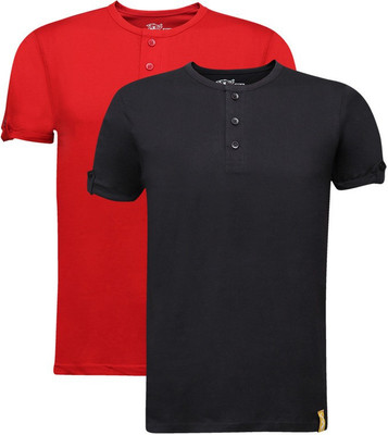 

Campus Sutra Solid Men Henley Multicolor T-Shirt(Pack of 2, Black;red