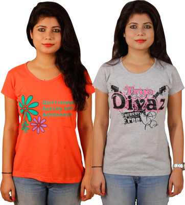 Tryd Printed Women' Round Neck Multicolor T-Shirt(Pack of 2