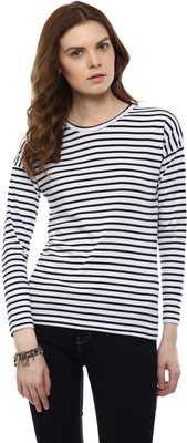 

Hypernation Striped Women' Round Neck White, Black T-Shirt, Blue;white