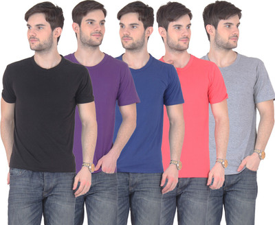

FnMe Solid Men' Round Neck Multicolor T-Shirt(Pack of 5, Black;blue;gajri;grey;purple