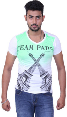 Austrich Printed Men V-neck White T-Shirt