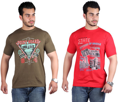 

Shineway Printed Men's Round Neck Multicolor T-Shirt(Pack of 2, Coffee;red