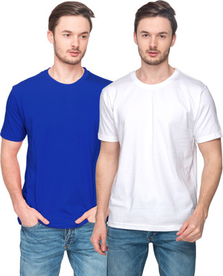 Indeed Solid Men's Round Neck Blue, White T-Shirt(Pack of 2