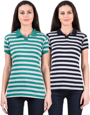 

NumBrave Striped Women's Polo Neck Green, Black T-Shirt(Pack of 2, Black;green