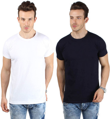 

SayItLoud Solid Men's Round Neck White, Blue T-Shirt(Pack of 2, Navy blue;white