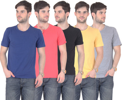

FnMe Solid Men's Round Neck Multicolor T-Shirt(Pack of 5, Black;blue;gajri;grey;yellow