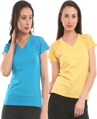 

Ultra Fit Solid Women's V-neck Yellow, Blue T-Shirt(Pack of 2), Skyblue;yellow