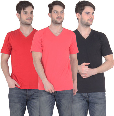 

E'Hiose Solid Men's V-neck Multicolor T-Shirt(Pack of 3, Black;carrot;red
